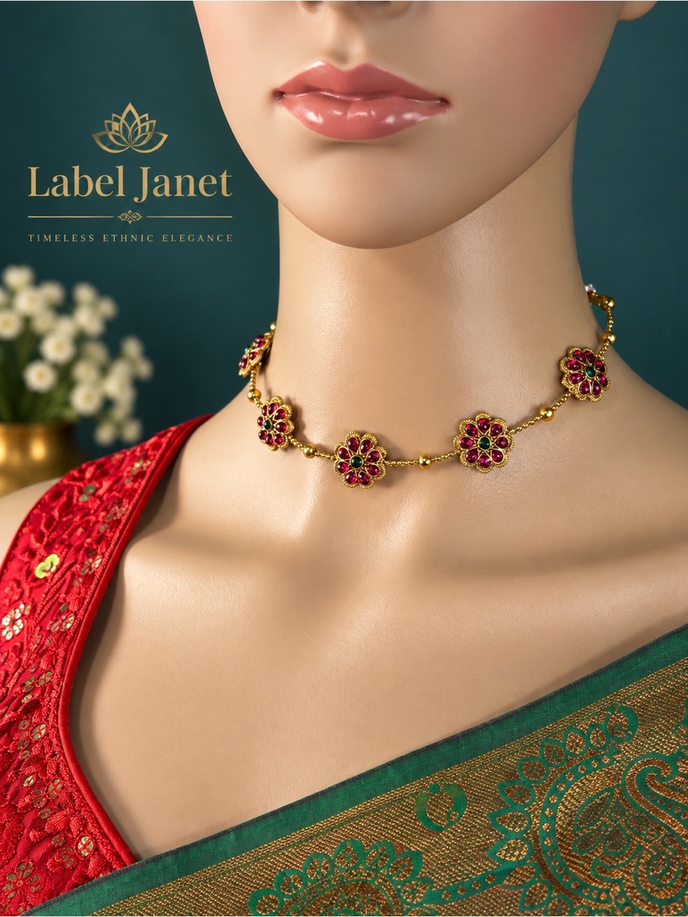 Gold-Tone Floral Necklace & Earrings Set in Red and Green